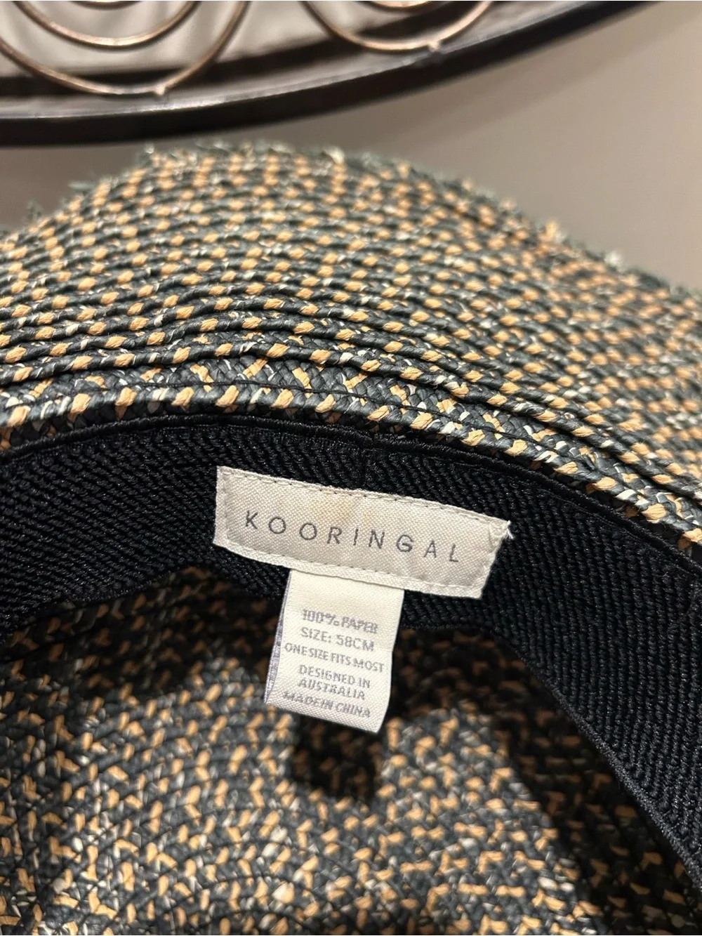 Wide Brim Woven Sun Hat with Tassel Band - Black/Beige
